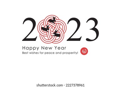 2023 New Year Card.  silhouette rabbits,Numbers and Mizuhiki ribbon of plum blossom. Kanji stamp is rabbit year means.