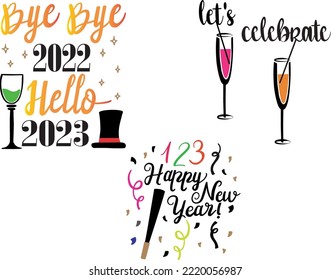 2023 New Year card template with golden ball and glittering numbers on white background