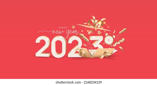 2023 new year celebration banner. 2023 gold 3D number on the open gift box concept for greeting card, banner, template, flyer and media post