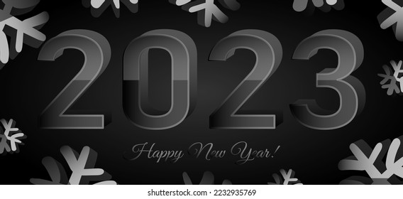 2023 New Year celebration banner. Glossy metallic vector numbers and snowflakes.