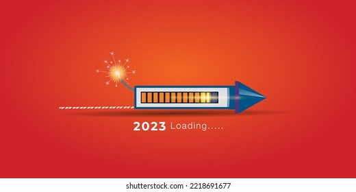 2023 New Year celebration concept. 2023 Loading text with fireworks rocket illustration on red background.
