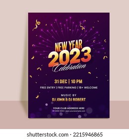 2023 New Year Celebration Invitation Card With Golden Confetti On Purple Bokeh Light Effect Background.