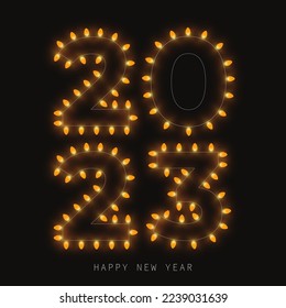 2023 New Year celebration on black background with Christmas garland lights decoration text. Vector illustration.