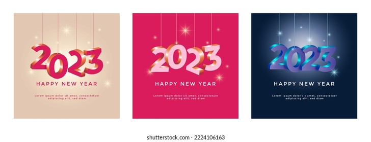 2023 New year celebration square template background with 3d hanging number and glowing stars