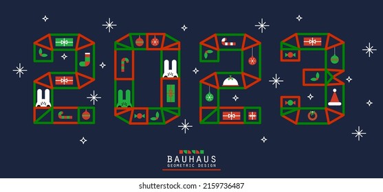 2023 New Year or Christmas card in Bauhaus style. Outline numbers and Xmas tradition signs simple geometric shapes. Chinese New Year rabbit or bunny symbol of 2023. Vector card illustration.