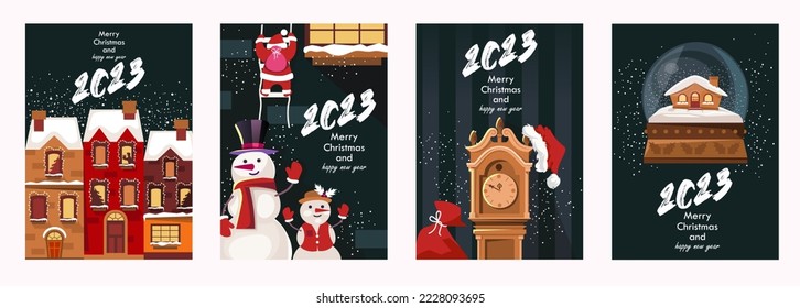 Año nuevo 2023. Tarjetas de Navidad. Conjunto de plantillas para carteles, postales, carteles, portadas, tarjetas, volantes. Caricaturas y personajes. Ilustración vectorial.	