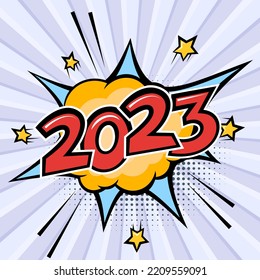 2023 Explosión de historietas de Año Nuevo y Navidad o burbuja de discursos. Ilustración vectorial en estilo retro de arte pop para tarjetas de felicitación, carteles, volantes y calendarios