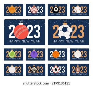2023 new year and christmas sport banner set. Collection of 2023 greeting card with sport ball as a xmas ball on blue background with number 2023. Vector illustration set.