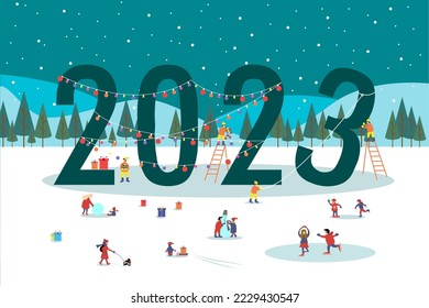 2023. New Year and Christmas. Winter landscape. People in park go sledding and skating, make snowman, hang garlands. Family holidays. Colored flat cartoon vector illustration horizontal banner