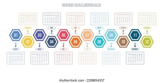 2023 new year clean calendar template. 2023 infographic calendar style design. Simple monthly calendar Layout for 2023 year in English