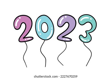 2023 New Year Colorful Balloons Numbers Design. Vector 2023 Year Outline Numbers Design with Cool Colorful Helium puffy balloons. Happy New Year Card Template. Isolated Design Element.