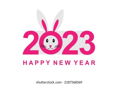 2023 New Year Creative design. Happy New Year 2023 in pink on a white background. Rabbit zodiac sign. vector eps10