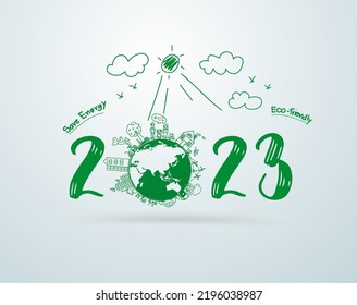 2023 new year creative drawing happy family environmental eco-friendly ideas concept, Vector illustration layout template design