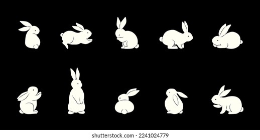 2023 new year. Cute rabbit different pose set. Happy mid autumn festival. Traditional Asian holiday design. Bunny Character collection. Modern art design. Hand drawn. Trendy Flat vector illustration.