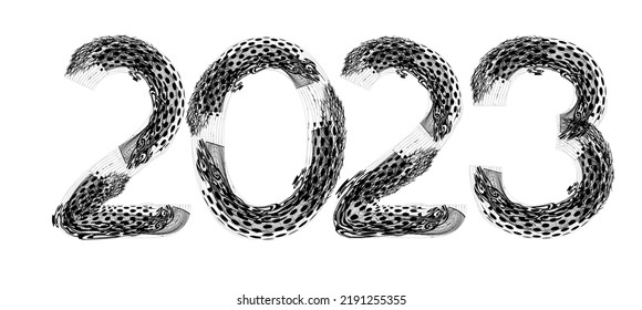 2023 New Year. Decorative brush numbers. Art lettering. Creative text for a greeting cards. Calendar header template.