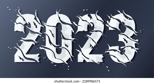Neujahr 2023 Dekorative, vektorgeschnittene Zahlen. Dynamische Flüssigfarben-Kunstschrift. Streams von Farbtrennern. Text für eine Grußkarte. Kalender-Kopfzeile.