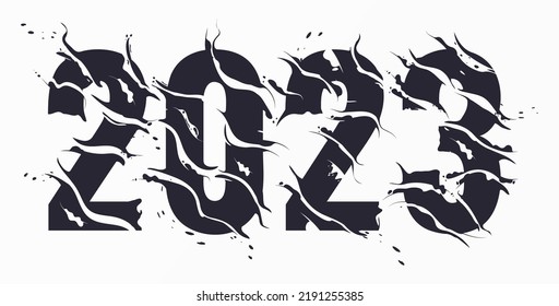 2023 New Year. Decorative vector sliced numbers. Dynamic liquid paint art lettering. Streams of paint dissecting nubmers. Text for a greeting cards. Calendars header.