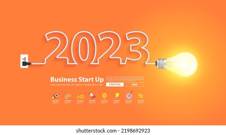 2023 new year design with creative light bulb idea, Inspiration business plan, marketing strategy, teamwork, brainstorm ideas concept, Vector illustration modern design layout template