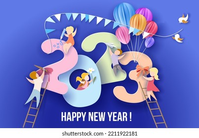 2023 New Year design greeting card with kids on purple background. Vector illustration. Paper cut and craft style.