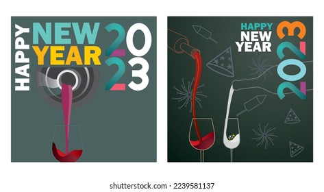 2023 new year design template with wine and cocktail. minimalistic modern background for cover, banner and card
