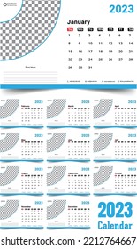 2023 New year desk calendar template with a creative and minimal design layout for print. Stylish and elegant looking. The week starts on Sunday, Editable 12 month pages set