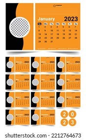 2023 New year desk calendar template with a creative and minimal design layout for print. Stylish and elegant looking. The week starts on Sunday, Editable 12 month pages set
