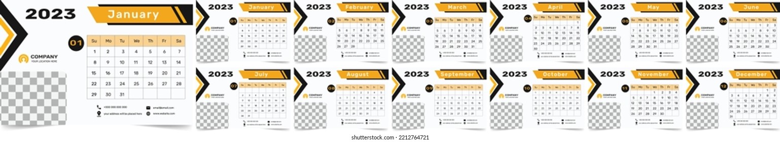 2023 New year desk calendar template with a creative and minimal design layout for print. Stylish and elegant looking. The week starts on Sunday, Editable 12 month pages set