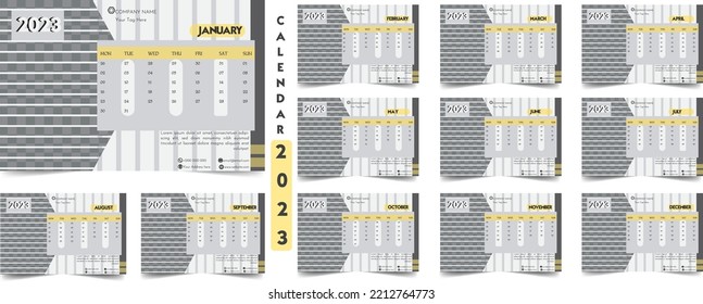 2023 New year desk calendar template with a creative and minimal design layout for print. Stylish and elegant looking. The week starts on Sunday, Editable 12 month pages set