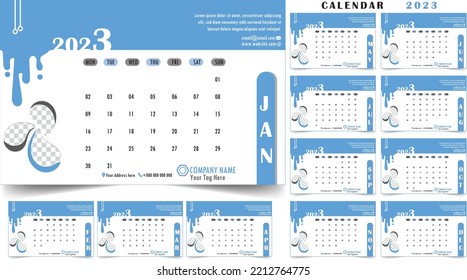 2023 New year desk calendar template with a creative and minimal design layout for print. Stylish and elegant looking. The week starts on Sunday, Editable 12 month pages set