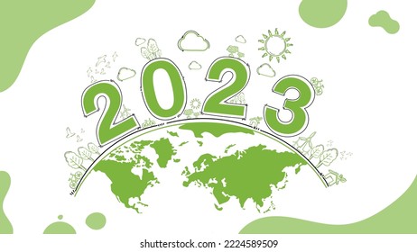 2023 New year, Eco friendly, Sustainability planning concept with globe and World environmental green doodle icons drawing set on white background ,Vector illustration