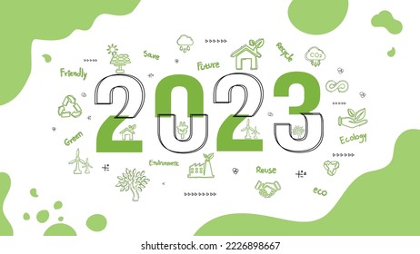 2023 New year  Eco friendly  Sustainability planning concept and globe   World environmental green doodle icons drawing set white background  Vector illustration