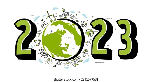 2023 New year, Eco friendly, Sustainability planning concept with globe and World environmental green doodle icons drawing set on white background ,Vector illustration