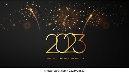 2023 New Year fireworks   golden numbers dark background  Celebration New Year's Eve  Golden fireworks dark night sky 