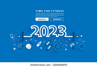 2023 new year fitness concept workout typography alphabet design with equipment. Vector illustration flat modern layout template