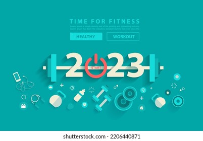 2023 new year fitness concept workout typography alphabet design with equipment. Vector illustration flat modern layout template