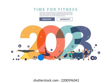 2023 new year fitness ideas concept man workout gym equipment with flat big letters. Vector illustration modern layout template design 