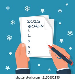 2023 new year goal. Man holds a sheet in hand with a plan for next year. Business motivation with text plan action in notepad. Vector flat design. Isolated on background white stars and snowflakes.