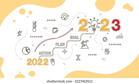 2023 New Year, goal, plan, action with doodle icons drawing set to do list and plan for next year for development to success and motivation. Vector illustration.