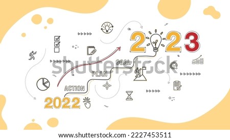 2023 New Year, goal, plan, action with doodle icons drawing set to do list and plan for next year for development to success and motivation. Vector illustration.