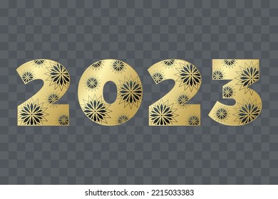 2023 New Year gold and black icon with stars. Vector greeting symbol isolated on transparent background. Golden sign for celebration, congratulation, decoration, winter holiday