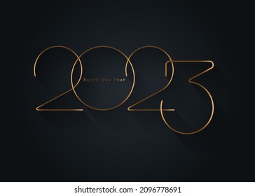 2023 New Year gold logo design. Holiday greeting card. Vector illustration. Holiday design for greeting card, invitation, calendar, party, golden holiday label isolated on black background 