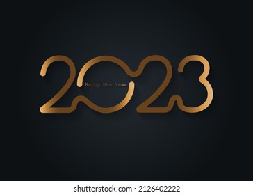 2023 New Year gold logo design. Holiday greeting card. Vector illustration. Holiday design for greeting card, invitation, calendar, party, golden holiday label isolated on black background 