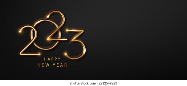 2023 New Year golden on abstract black background. Greeting design with realistic gold metal number of year