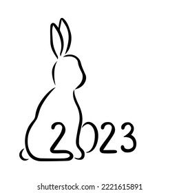 2023 new year graffiti poster line art. Black outline rabbit silhouette isolated on white background. Street art, graffiti, template, banner, card. Hand drawn doodle modern vector illustration.