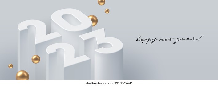 2023 new year greeting card with 3d realistic render number of the year with golden sphere. Vector illustration.