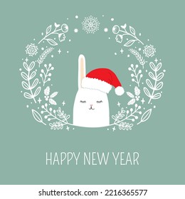 2023 New Year greeting card with cute rabbit in Santa Clause hat in floral wreath on turquoise background. Holiday poster greeting card template