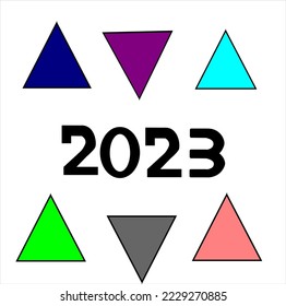 2023 new year. Greeting card white background black number with floating triangle.