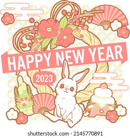 2023 New year greeting. year  of the rabbit. Comical rabbits and japanese new year decorations.