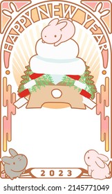 2023 New year greeting. year  of the rabbit. Rabbit on japanese new year rice cake. Art nouveau style