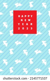 2023 New year greeting. year  of the rabbit. Rabbits on blue stripe background.